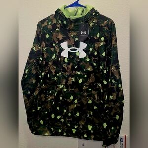 Under Armour Green and Brown Camo Pullover Hoodie with White Logo